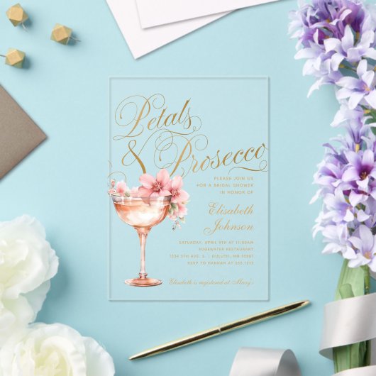 Pink Gold Floral Petals & Prosecco Bridal Shower Acryl Uitnodigingen (Insitu (Huwelijk))