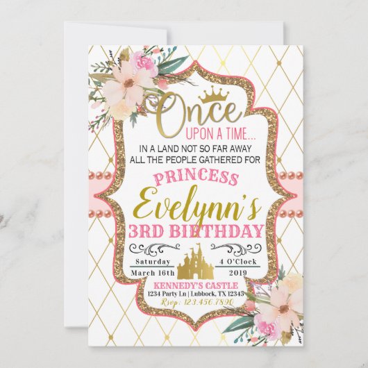 Pink Gold Floral Princess Birthday Invitation Kaart (Voorkant)