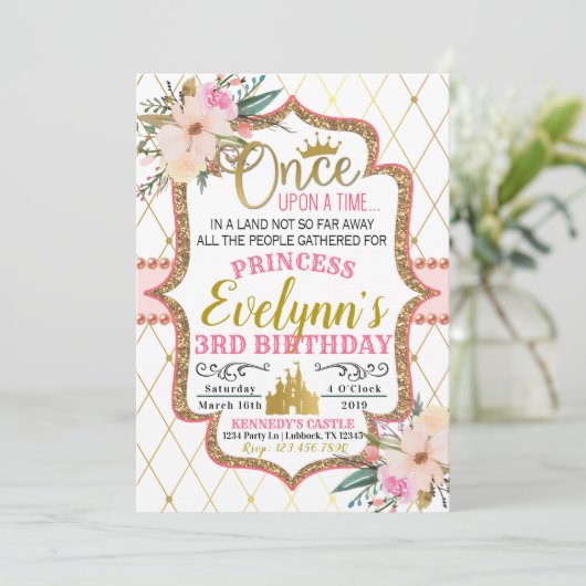 Pink Gold Floral Princess Birthday Invitation Kaart (Staand voorkant)