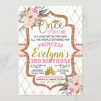 Pink Gold Floral Princess Birthday Invitation Kaart