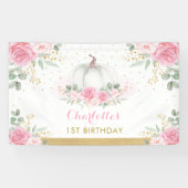 Pink Gold Floral Pumpkin Birthday Baby Girl Party Spandoek (Horizontaal)