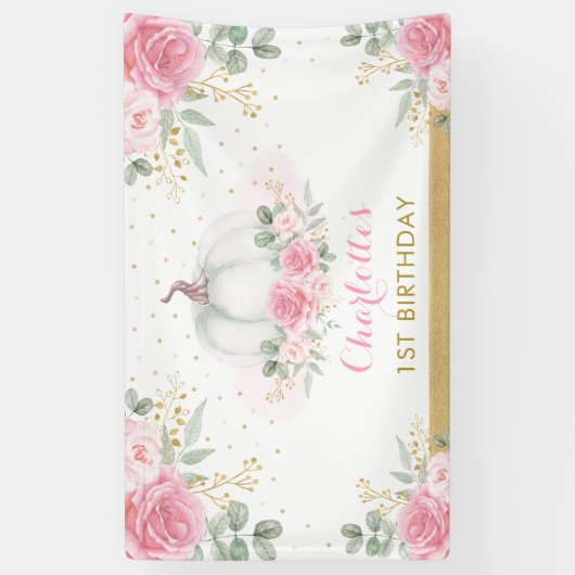 Pink Gold Floral Pumpkin Birthday Baby Girl Party Spandoek (Verticaal)