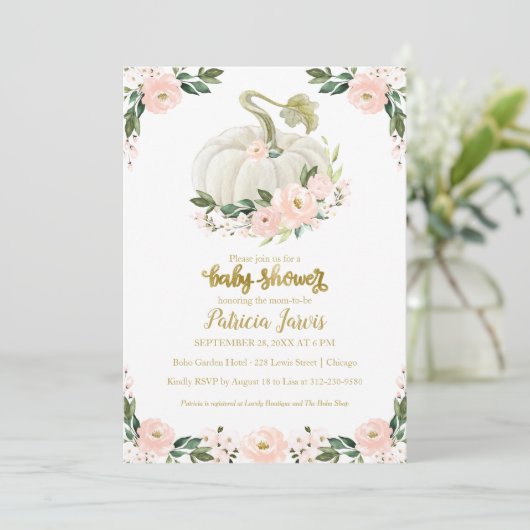 Pink Gold Floral Pumpkin Herfst Girl Baby shower (Staand voorkant)