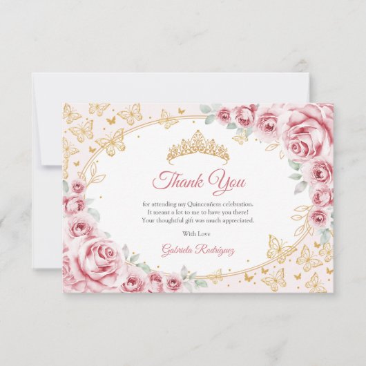 Pink Gold Floral Quinceanera Bedankkaart (Voorkant)