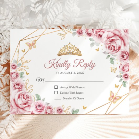 Pink Gold Floral Quinceanera Reageer RSVP Kaartje