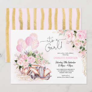 Pink Gold Floral Roos Vintage Car Girl Baby shower Kaart