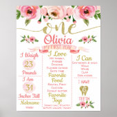 Pink Gold Floral Rozen 1e verjaardag milestone Poster (Voorkant)