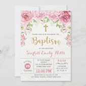 Pink Gold Floral Rozen Girl Baptism Invitation Kaart (Voorkant)