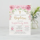 Pink Gold Floral Rozen Girl Baptism Invitation Kaart (Staand voorkant)