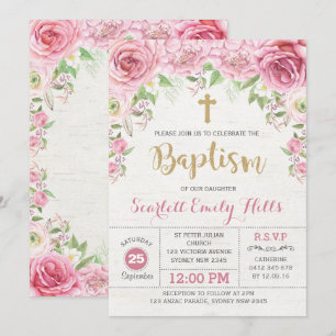 Pink Gold Floral Rozen Girl Baptism Invitation Kaart