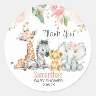 Pink Gold Floral Safari Baby shower Dank u wel Ronde Sticker