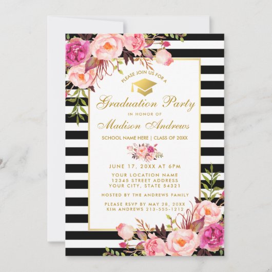 Pink Gold Floral Striped Graduparty Invite Kaart (Voorkant)