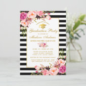 Pink Gold Floral Striped Graduparty Invite Kaart (Staand voorkant)