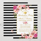 Pink Gold Floral Striped Graduparty Invite Kaart (Voorkant / Achterkant)