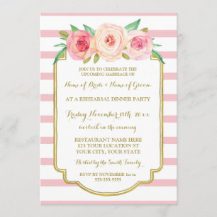 Pink Gold Floral Stripes Rehearsal Dinner Party Kaart