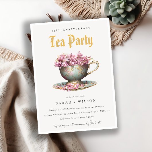 Pink Gold Floral Teacup Jubileum Tea Party Kaart