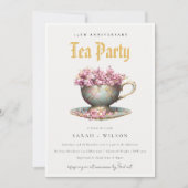 Pink Gold Floral Teacup Jubileum Tea Party Kaart (Voorkant)