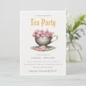 Pink Gold Floral Teacup Verloving Tea Party Kaart (Staand voorkant)