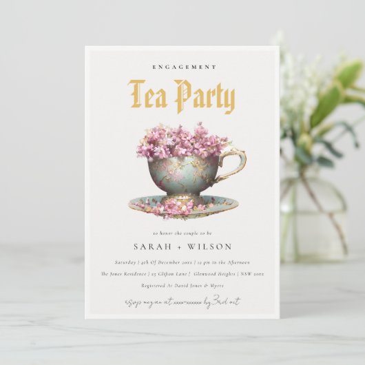 Pink Gold Floral Teacup Verloving Tea Party Kaart (Staand voorkant)