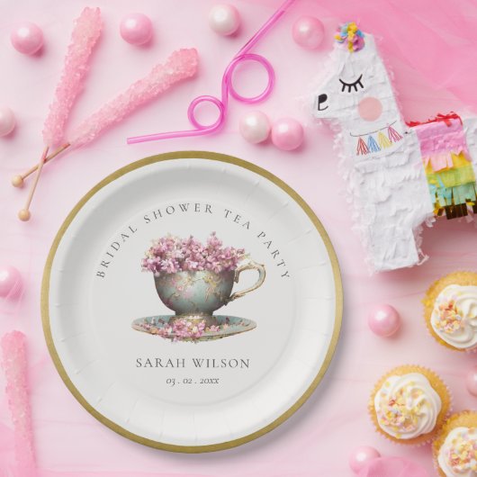 Pink Gold Floral Teacup Vrijgezellenfeest Tea Part Papieren Bordje (Feest)