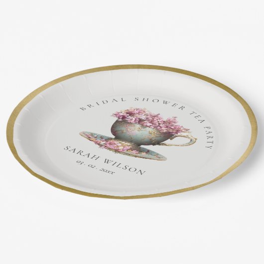 Pink Gold Floral Teacup Vrijgezellenfeest Tea Part Papieren Bordje (Gekanteld)
