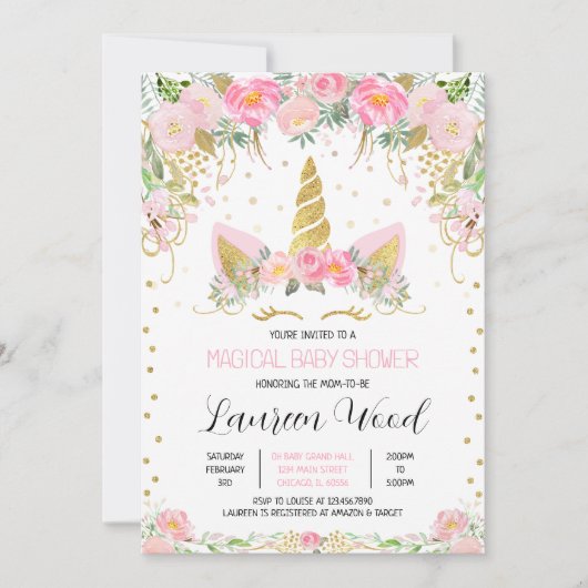 Pink Gold Floral Unicorn Baby Shower Kaart (Voorkant)