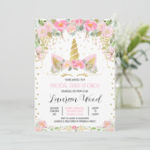 Pink Gold Floral Unicorn Baby Shower Kaart (Staand voorkant)
