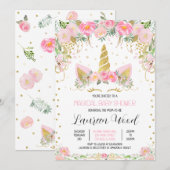 Pink Gold Floral Unicorn Baby Shower Kaart (Voorkant / Achterkant)