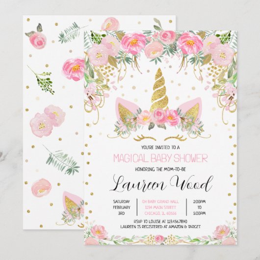 Pink Gold Floral Unicorn Baby Shower Kaart (Voorkant / Achterkant)