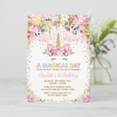 Pink Gold Floral Unicorn Birthday Invite Rainbow Kaart (Staand voorkant)
