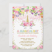 Pink Gold Floral Unicorn Birthday Invite Rainbow Kaart (Voorkant)