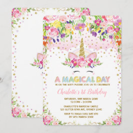 Pink Gold Floral Unicorn Birthday Invite Rainbow Kaart