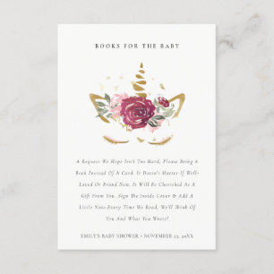 Pink Gold Floral Unicorn Boeken voor Baby shower Informatiekaartje