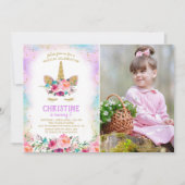 Pink & Gold Floral Unicorn Foto Birthday Party Kaart (Voorkant)