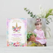 Pink & Gold Floral Unicorn Foto Birthday Party Kaart (Staand voorkant)