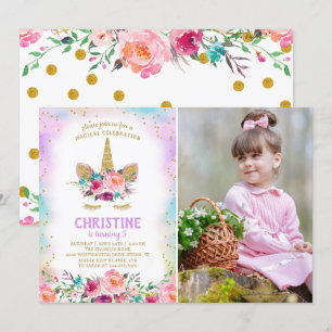 Pink & Gold Floral Unicorn Foto Birthday Party Kaart