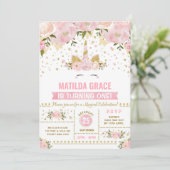 Pink Gold Floral Unicorn Magical Birthday Kaart (Staand voorkant)
