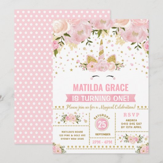 Pink Gold Floral Unicorn Magical Birthday Kaart (Voorkant / Achterkant)