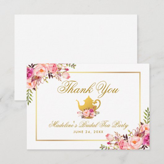 Pink Gold Floral Vrijgezellenfeest Tea Party Bedan Kaart (Voorkant / Achterkant)