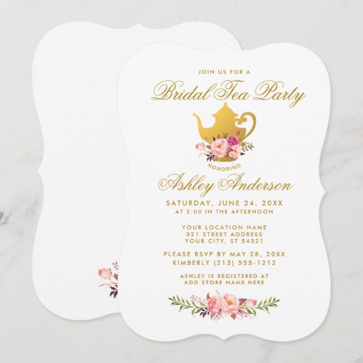 Pink Gold Floral Vrijgezellenfeest Tea Party Invit Kaart (Voorkant / Achterkant)