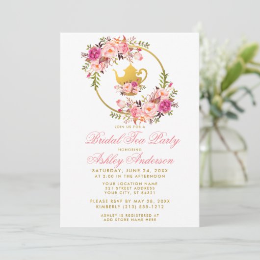 Pink Gold Floral Vrijgezellenfeest Tea Party Invit Kaart (Staand voorkant)