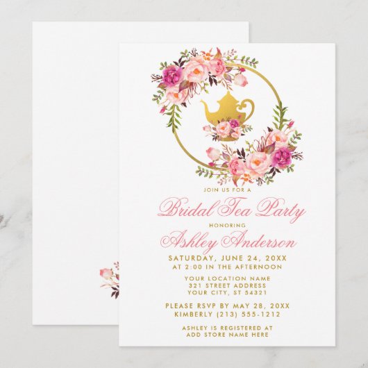 Pink Gold Floral Vrijgezellenfeest Tea Party Invit Kaart (Voorkant / Achterkant)