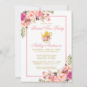 Pink Gold Floral Vrijgezellenfeest Tea Party nodig Kaart