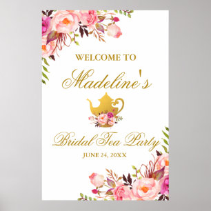 Pink Gold Floral Vrijgezellenfeest Tea Party Welco Poster