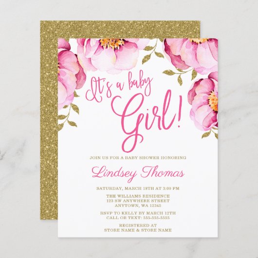 Pink Gold Floral Waterverf Baby shower (Voorkant / Achterkant)