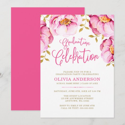 Pink Gold Floral Waterverf Graduation Kaart (Voorkant / Achterkant)