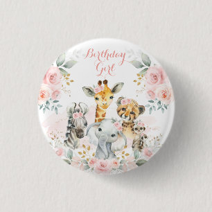 Pink Gold Floral Wild Oerwoud Safari Birthday Girl Ronde Button 3,2 Cm