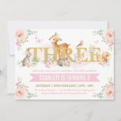 Pink Gold Floral Woodland Animals 3rd Birthday Kaart (Voorkant)