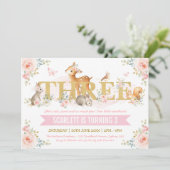 Pink Gold Floral Woodland Animals 3rd Birthday Kaart (Staand voorkant)