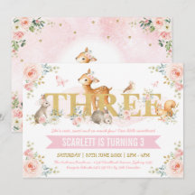 Pink Gold Floral Woodland Animals 3rd Birthday